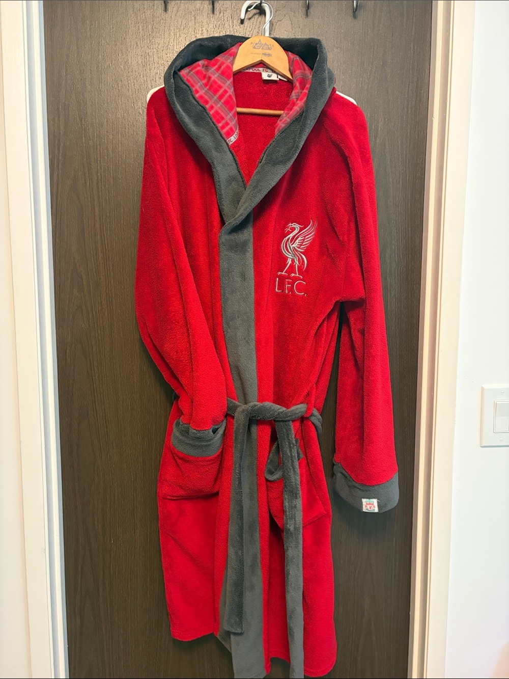 Liverpool Red Plush Hooded Bathrobe with Gray Trim